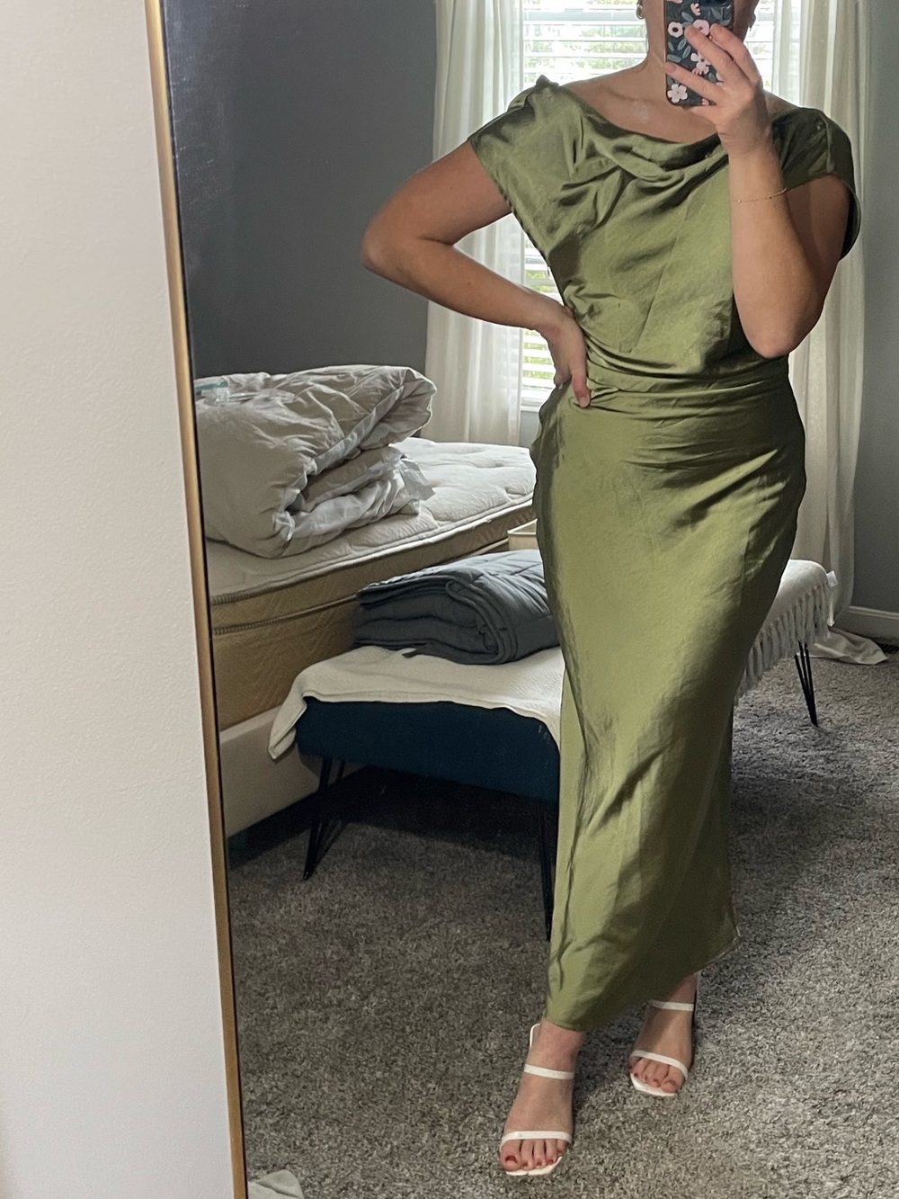 NWT Olive Green Satin Cowl Neck Midi Dress wedding guest fall wedding bridesmaid - Picture 12 of 13